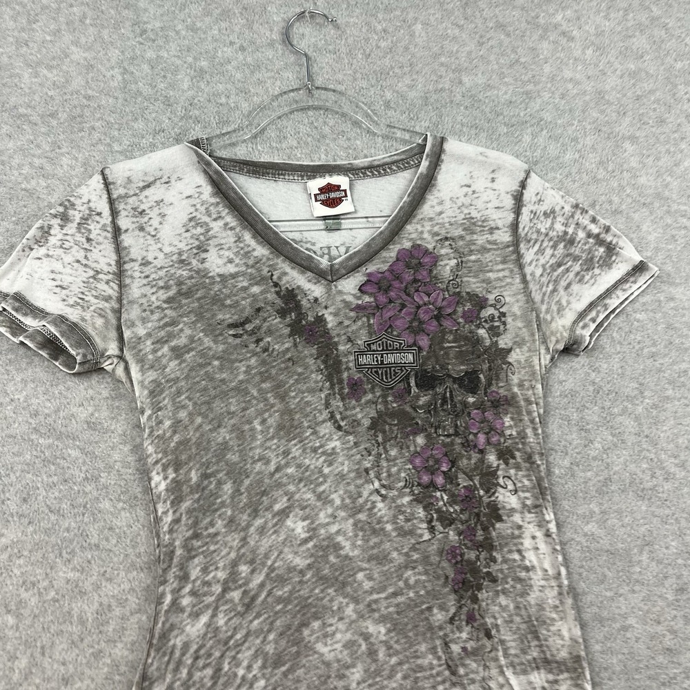 y2k Harley Davidson Skull Flower Floral Biker Thin Body Stretch t-shirt 2009 top